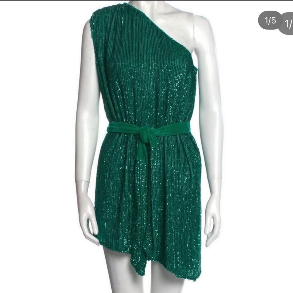 Retrofete Green Sequin One-Shoulder Mini Dress